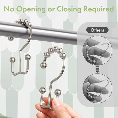 Shower Curtain Rings, Rust-Resistant Metal Double Shower Hooks for Curtain Rolling Shower Curtain Hooks Rings Shower Rings for Bathroom Shower Curtain Rod , Nickel, Set of 12 Rings