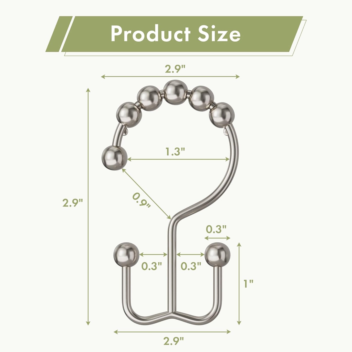 Shower Curtain Rings, Rust-Resistant Metal Double Shower Hooks for Curtain Rolling Shower Curtain Hooks Rings Shower Rings for Bathroom Shower Curtain Rod , Nickel, Set of 12 Rings